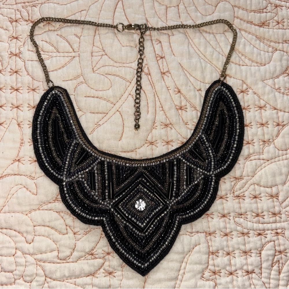 Elegant Black and Silver Beaded Bib Necklace
